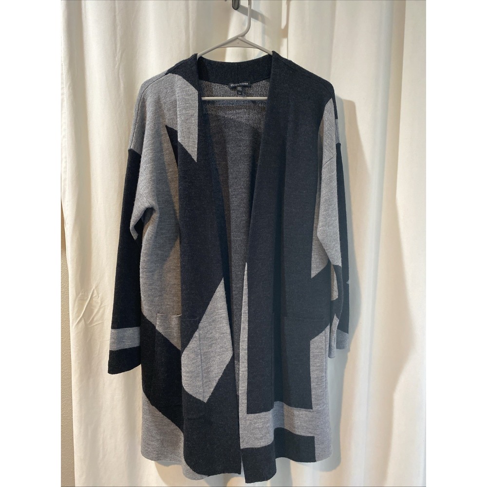 Eileen Fisher Kimono Cardigan Duster Women S Gray 100% Merino Wool Graphic Long